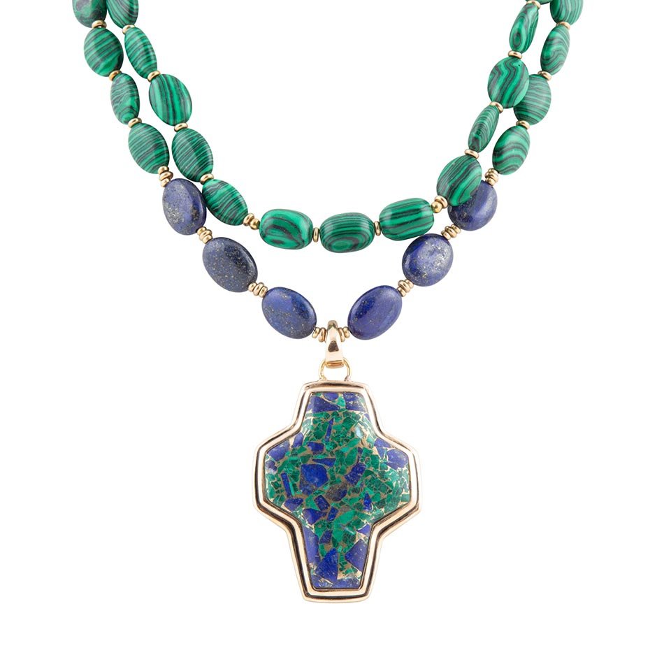 Green Malachite Azurite Cross Statement Golden Necklace