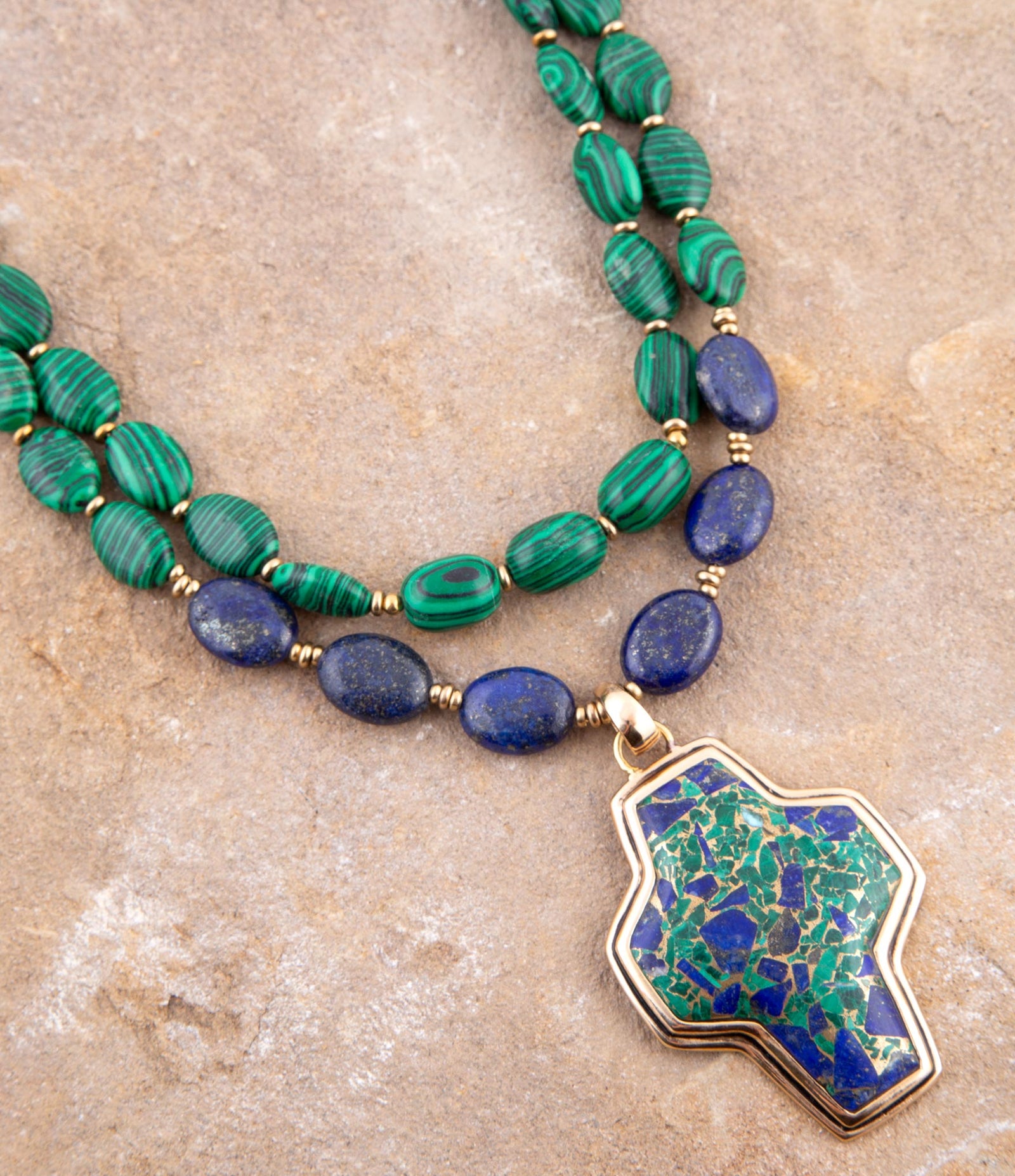 Green Malachite Azurite Cross Statement Golden Necklace