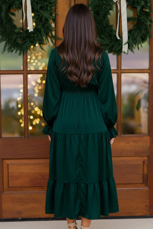 Goddess Grove Green Satin Maxi Dress