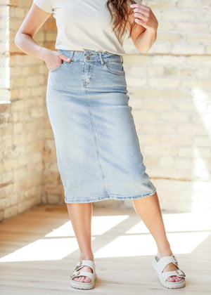 Greta Light Wash Midi Denim Skirt