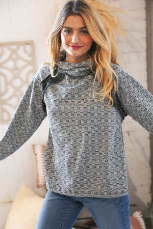 Grey Turtleneck Textured Jacquard Sweater Top Haptics 