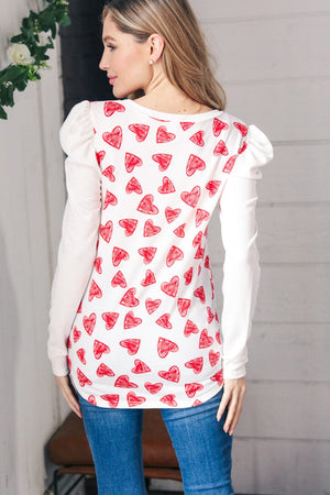 Heart Print French Terry Puff Sleeve Top 7TH Ray 