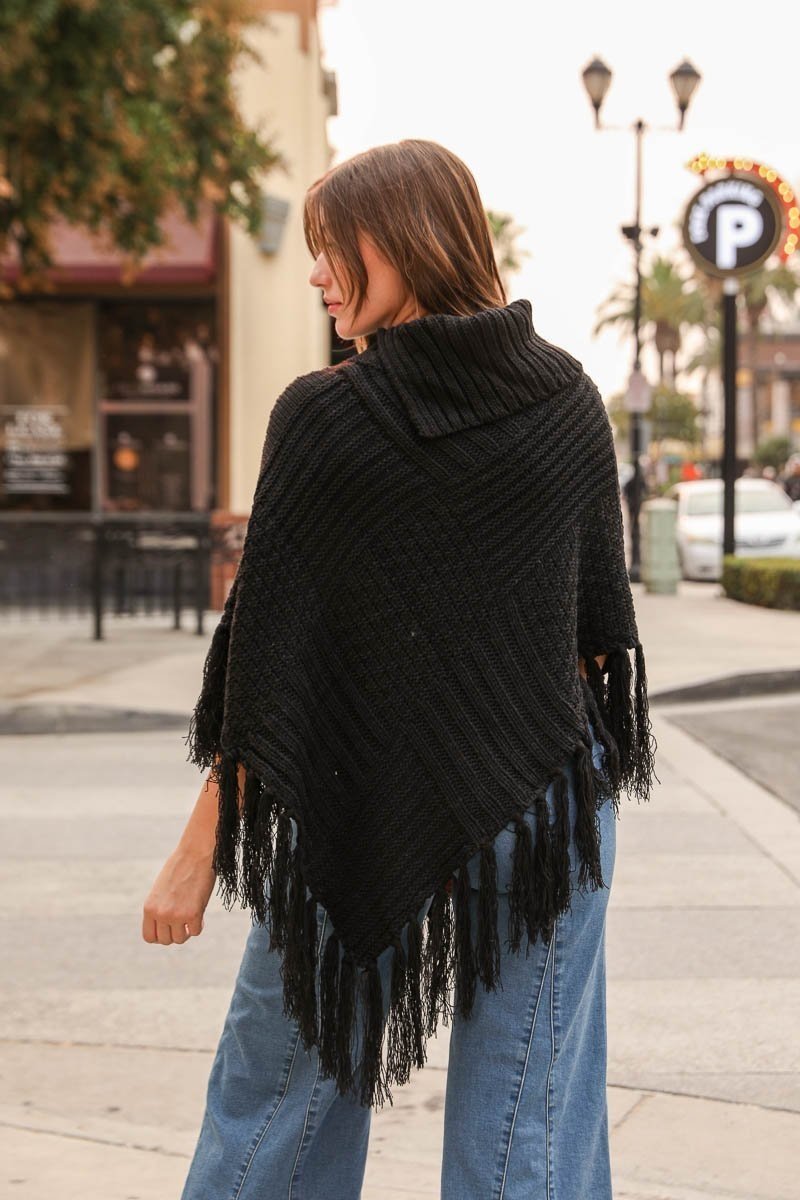 High Neck Multi-Tasseled Poncho Ponchos Black