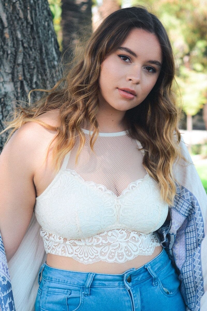 High Neck Netted Lace Bralette Plus Plus Size Leto Collection 1XL Ivory 