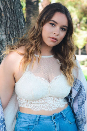 High Neck Netted Lace Bralette Plus Plus Size Leto Collection 1XL Ivory 