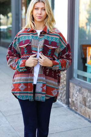 Holiday Aztec Flannel Textured Button Down Pocketed Shacket Haptics 