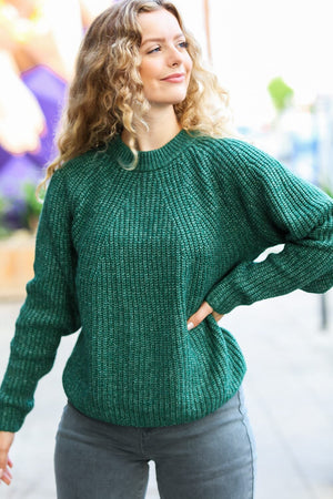 Holiday Green Mélange Round Neck Knit Sweater Zenana 