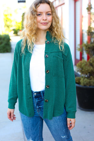 Holiday Pine Green Ribbed Button Down Shacket Bloom 2023 Winter Sale 