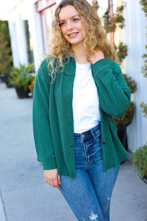 Holiday Pine Green Ribbed Button Down Shacket Bloom 2023 Winter Sale 