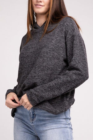 Hooded Brushed Melange Hacci Sweater ZENANA BLACK S/M 
