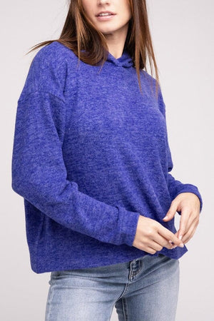 Hooded Brushed Melange Hacci Sweater ZENANA BRIGHT BLUE S/M 