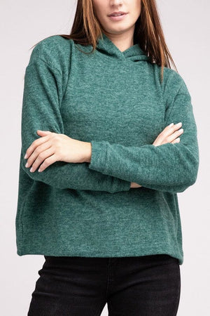 Hooded Brushed Melange Hacci Sweater ZENANA DK GREEN S/M 
