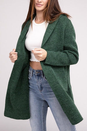 Hooded Open Front Sweater Cardigan ZENANA DK GREEN S 