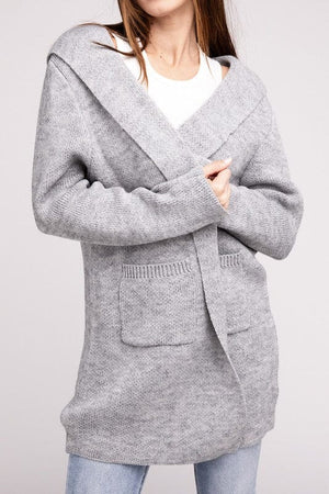 Hooded Open Front Sweater Cardigan ZENANA H GREY S 