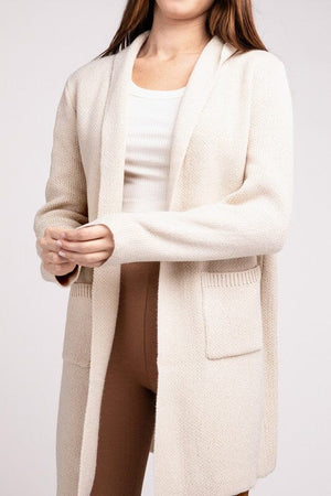 Hooded Open Front Sweater Cardigan ZENANA SAND BEIGE S 