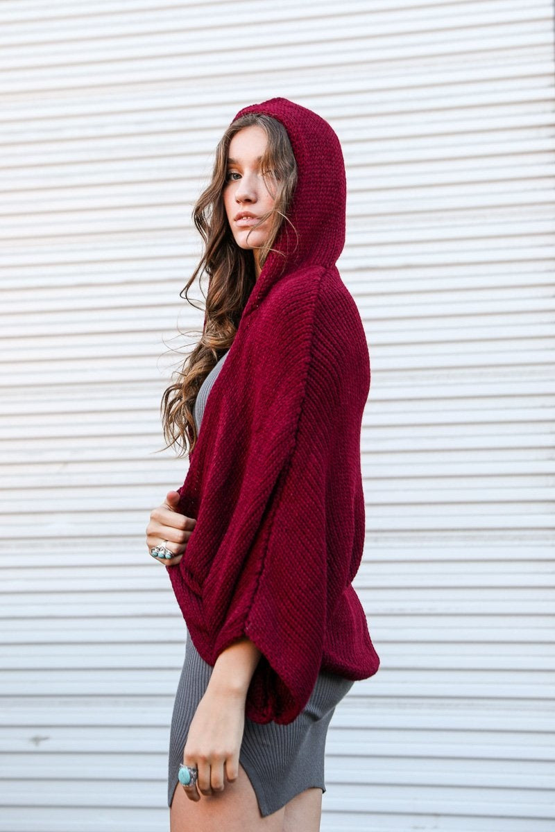 Hooded Rib Knit Cardigan Ponchos Burgundy