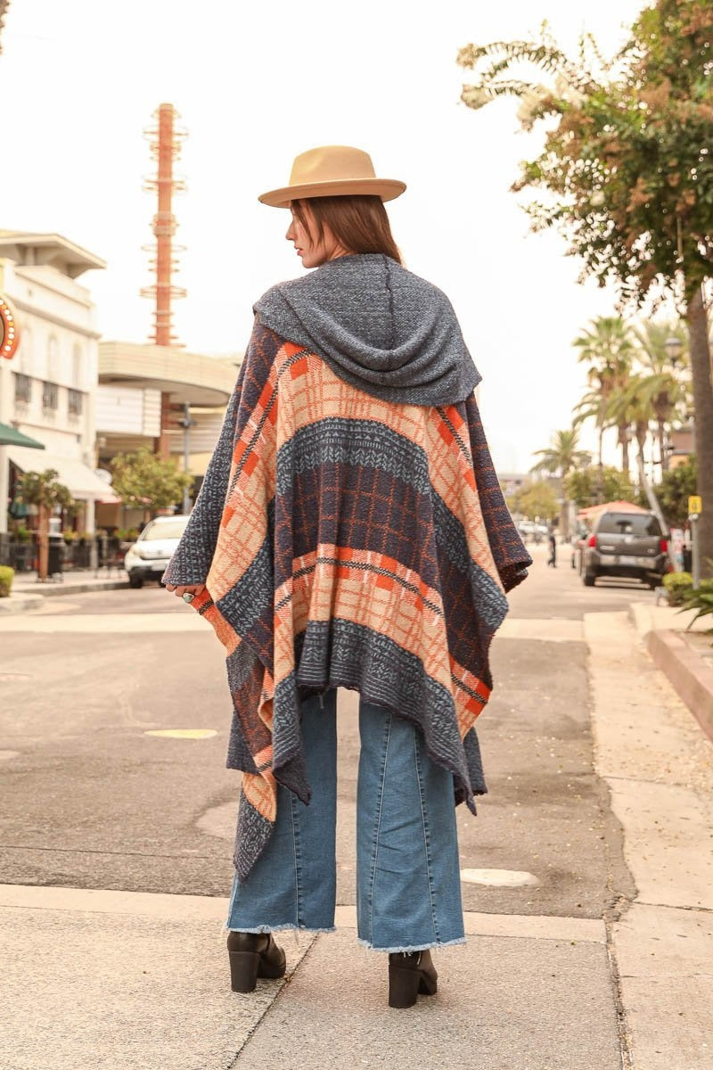 Hooded Tartan Ruana Ponchos Teal