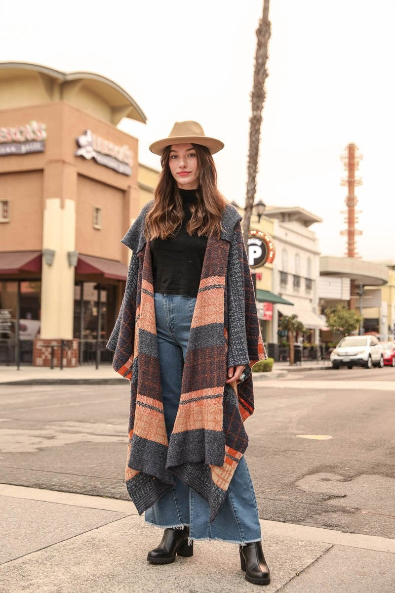 Hooded Tartan Ruana Ponchos Teal