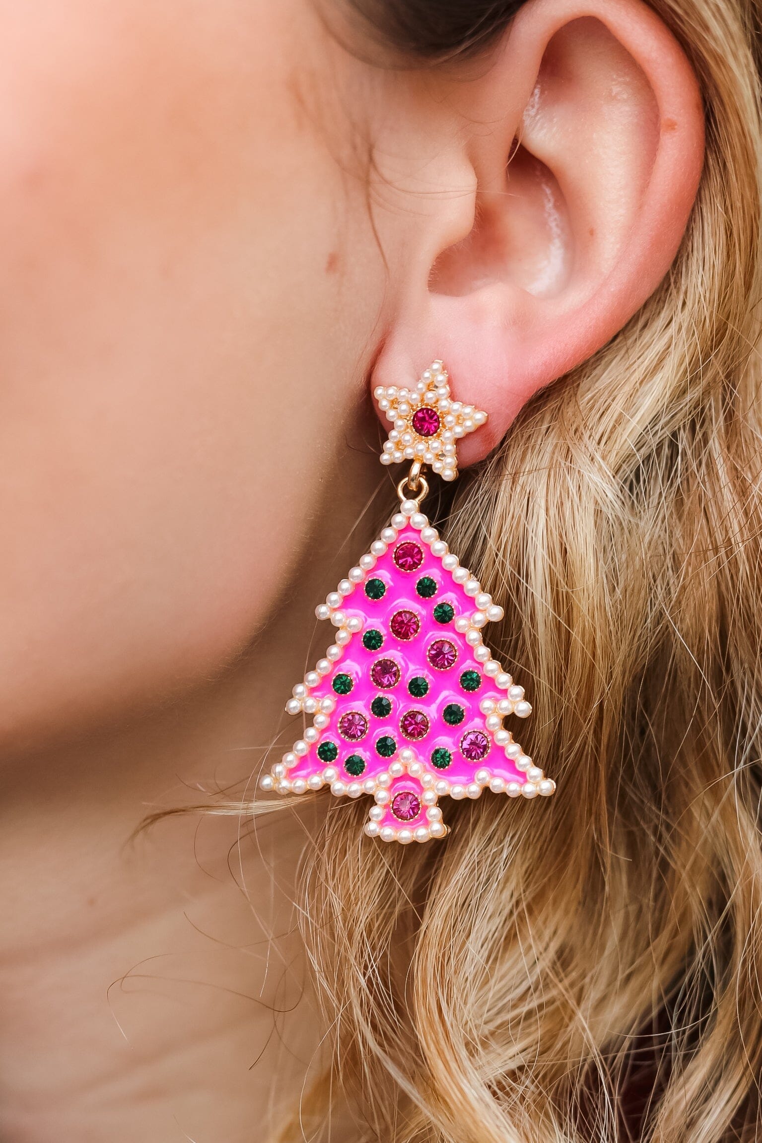 Hot Pink Christmas Tree Rhinestone Metal Dangle Earring ICON 