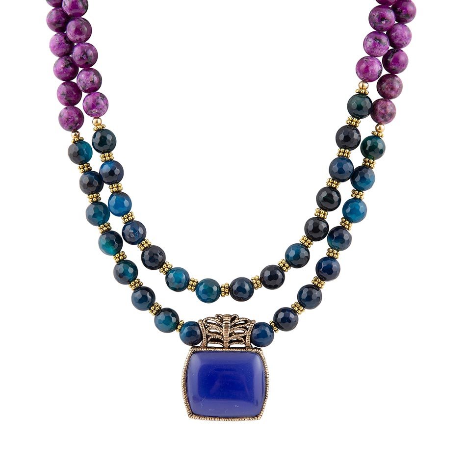 Indigo Blue Agate Pendant Statemen Golden Necklace
