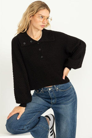 Instant Winner Wide Collar Button Front Sweater HYFVE BLACK S 
