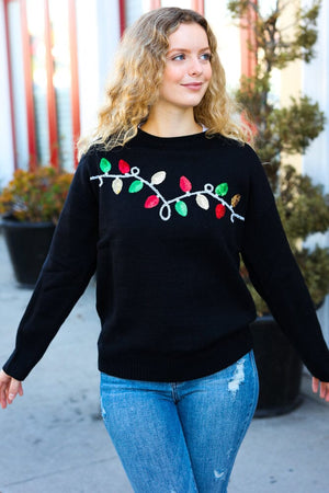 It's Lit Black Sequin Embroidered Christmas Lights Sweater Haptics 