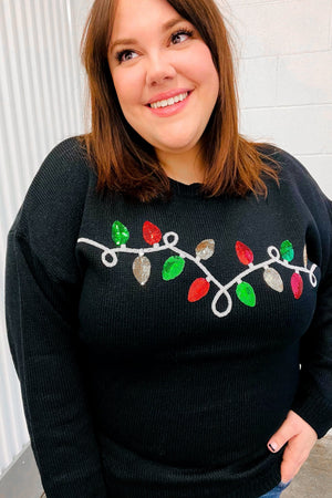 It's Lit Black Sequin Embroidered Christmas Lights Sweater Haptics 