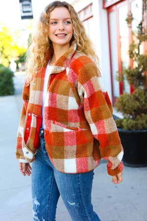 It's Your Best Rust & Camel Plaid Sherpa Button Down Jacket Bloom 2023 Winter Sale 