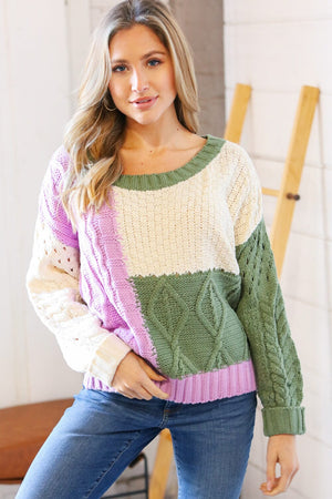 Ivory & Green Colorblock Cable Knit Sweater Entro 