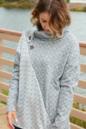 Jacquard Asymmetrical Cowl Neck Button Sweater Haptics 