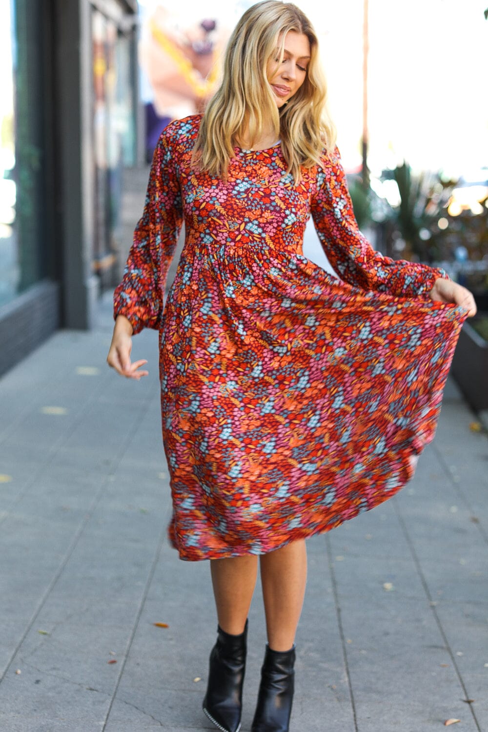 Just For Me Rust Ditzy Floral Fit & Flare Midi Dress Haptics 