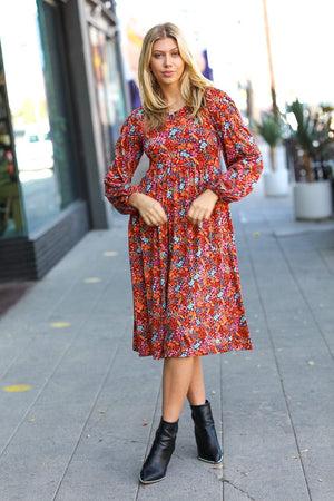 Just For Me Rust Ditzy Floral Fit & Flare Midi Dress Haptics 