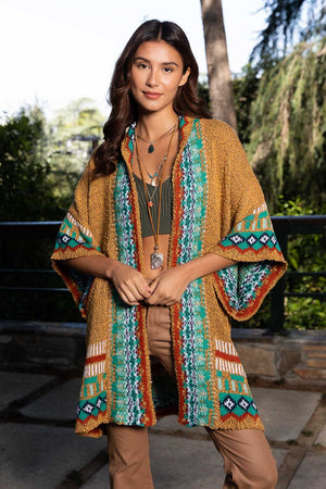 Kachina Tapestry Knit Cardigan Ruana Ponchos Leto Collection One Size Camel 