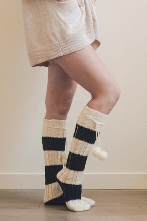 Knee High Striped Pom Socks Hats & Hair Leto Collection Black/White 