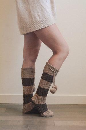 Knee High Striped Pom Socks Hats & Hair Leto Collection Brown/Mocha 
