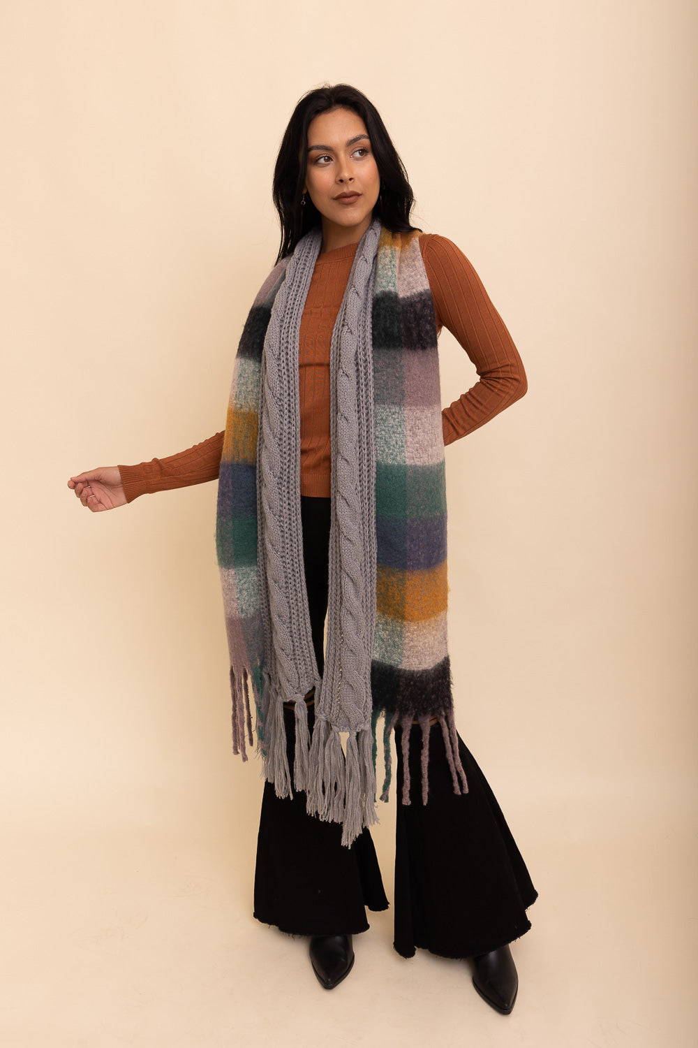 Knit Blend Tassel Trim Scarf Scarves Gray