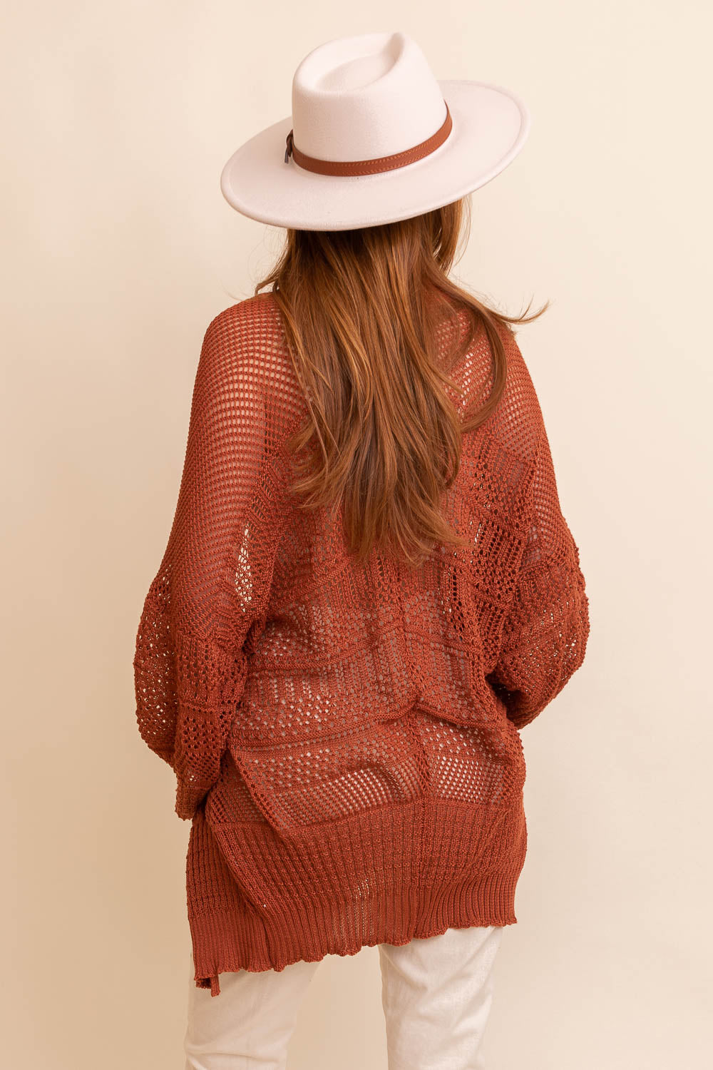 Knit Netted Cardigan Ponchos Rust