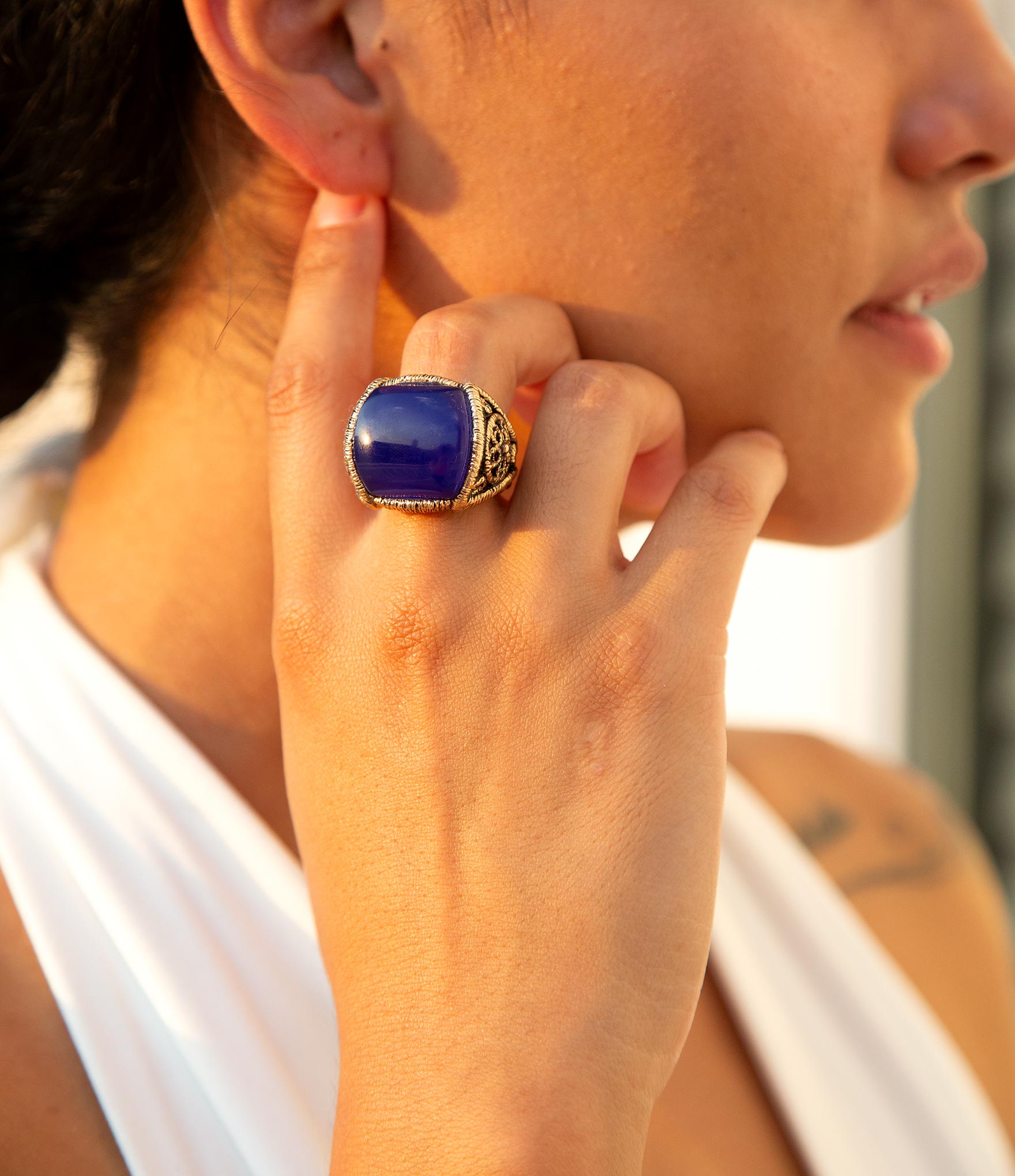Lace Blue Agate Golden Statement Ring