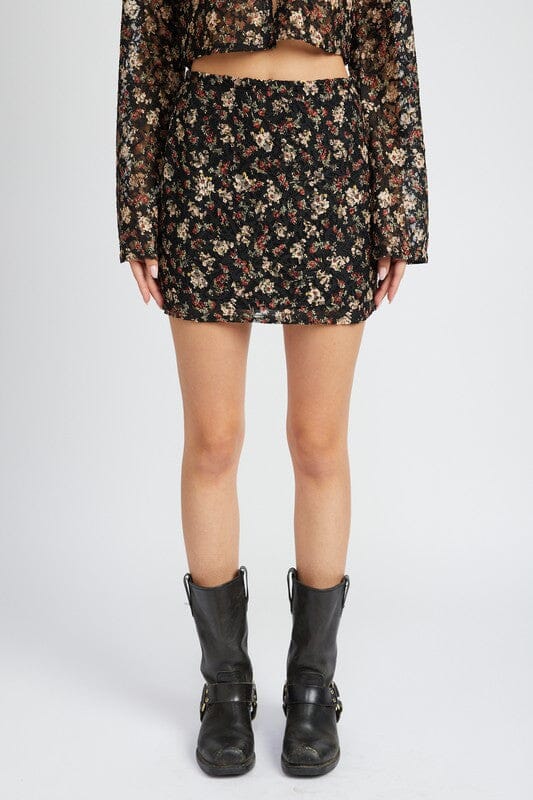 LACE EMBROIDERY MINI SKIRT Emory Park BLACK FLORAL S 