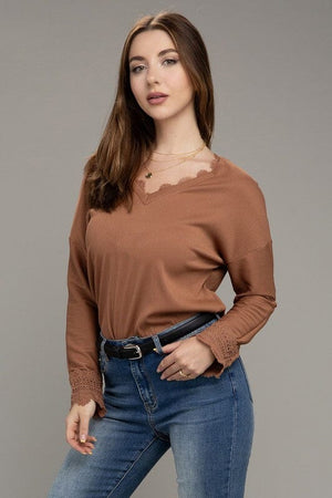 Lace Trim V Neck Long Sleeve Nuvi Apparel 