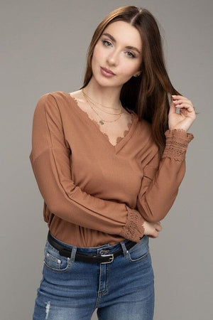 Lace Trim V Neck Long Sleeve Nuvi Apparel 