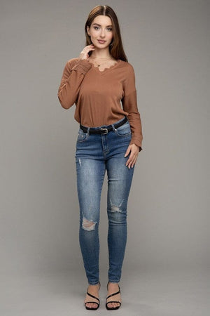 Lace Trim V Neck Long Sleeve Nuvi Apparel 