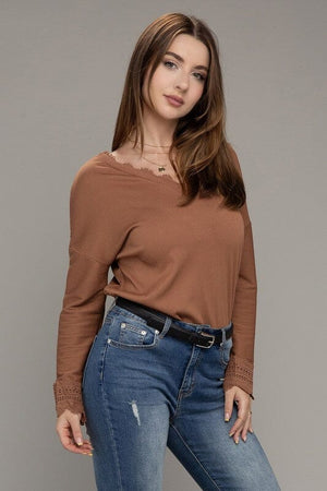 Lace Trim V Neck Long Sleeve Nuvi Apparel Brown S 