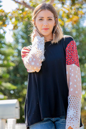 Leopard Color Block Lace Sleeve Knit Top Haptics 