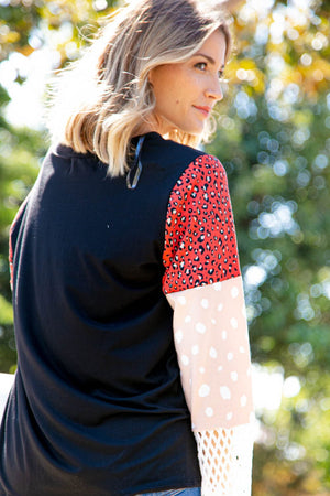 Leopard Color Block Lace Sleeve Knit Top Haptics 