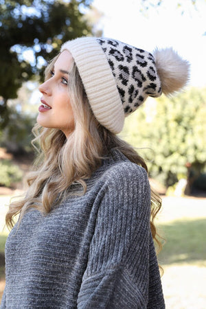Leopard Knit Beanie Hats & Hair Leto Collection Ivory 