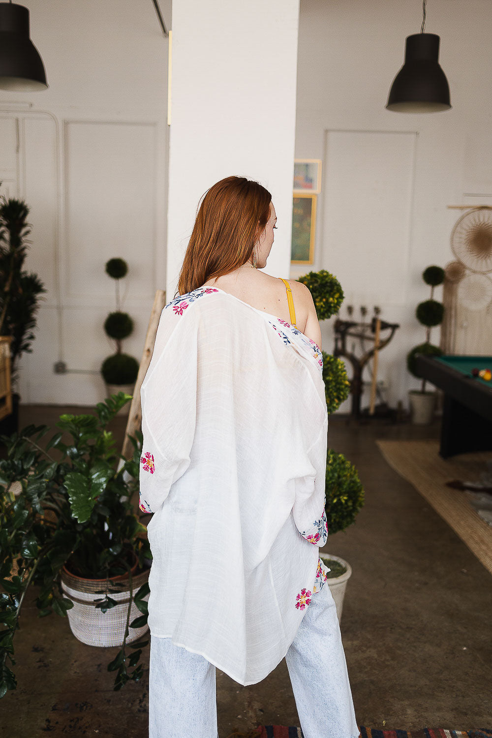 Lightweight anemone embroidered white kimono with floral design.