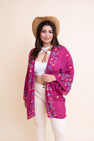 Lightweight Anemone Embroidered Kimono Leto Collection One Size Fuchsia 
