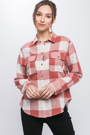 Lightweight Plaid Button Down Top Love Tree CLAY S 