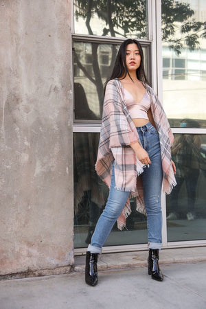 Lightweight Plaid Ruana Ponchos Pink